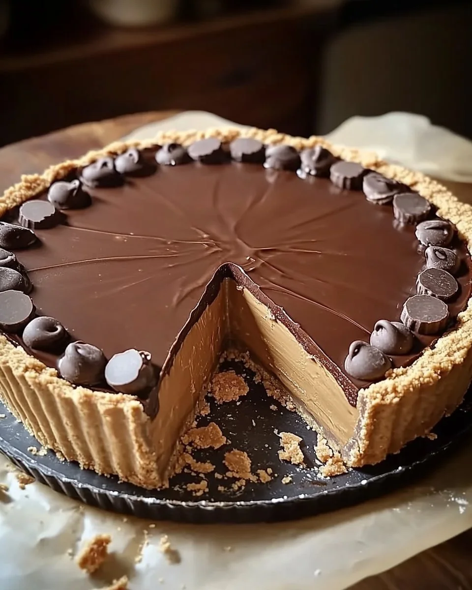 Giant Reese's Peanut Butter Cup Pie topped with chocolate and peanut butter.