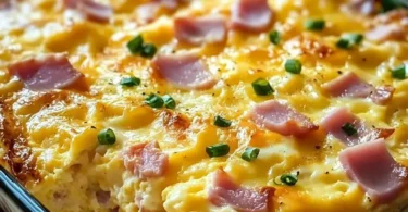 Ham and cheese egg bake dish served hot with herbs