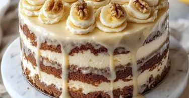 Delicious slice of Heavenly Banana Walnut Cream Cake topped with walnuts and cream