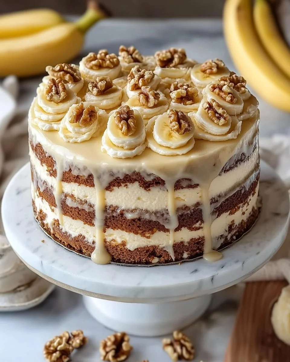Delicious slice of Heavenly Banana Walnut Cream Cake topped with walnuts and cream