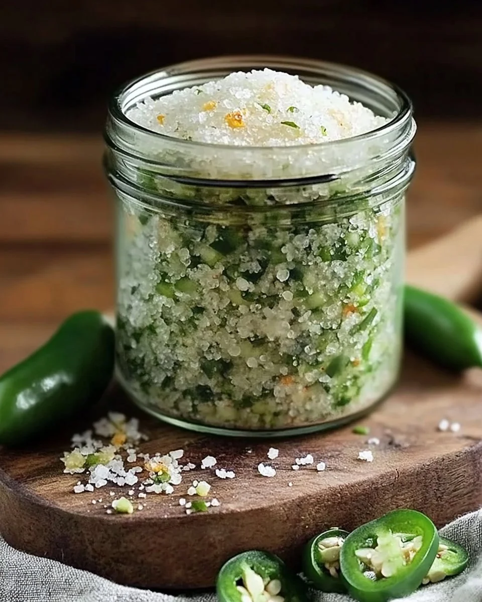 Homemade jalapeño salt in a glass jar with fresh jalapeños on the side.