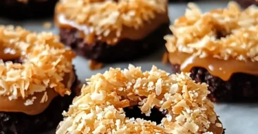 Homemade Samoas cookies with caramel and coconut on a plate