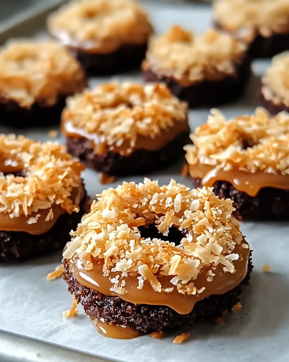 Homemade Samoas cookies with caramel and coconut on a plate
