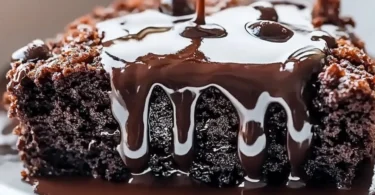 A delicious Hot Fudge Chocolate Pudding Cake topped with rich chocolate sauce.