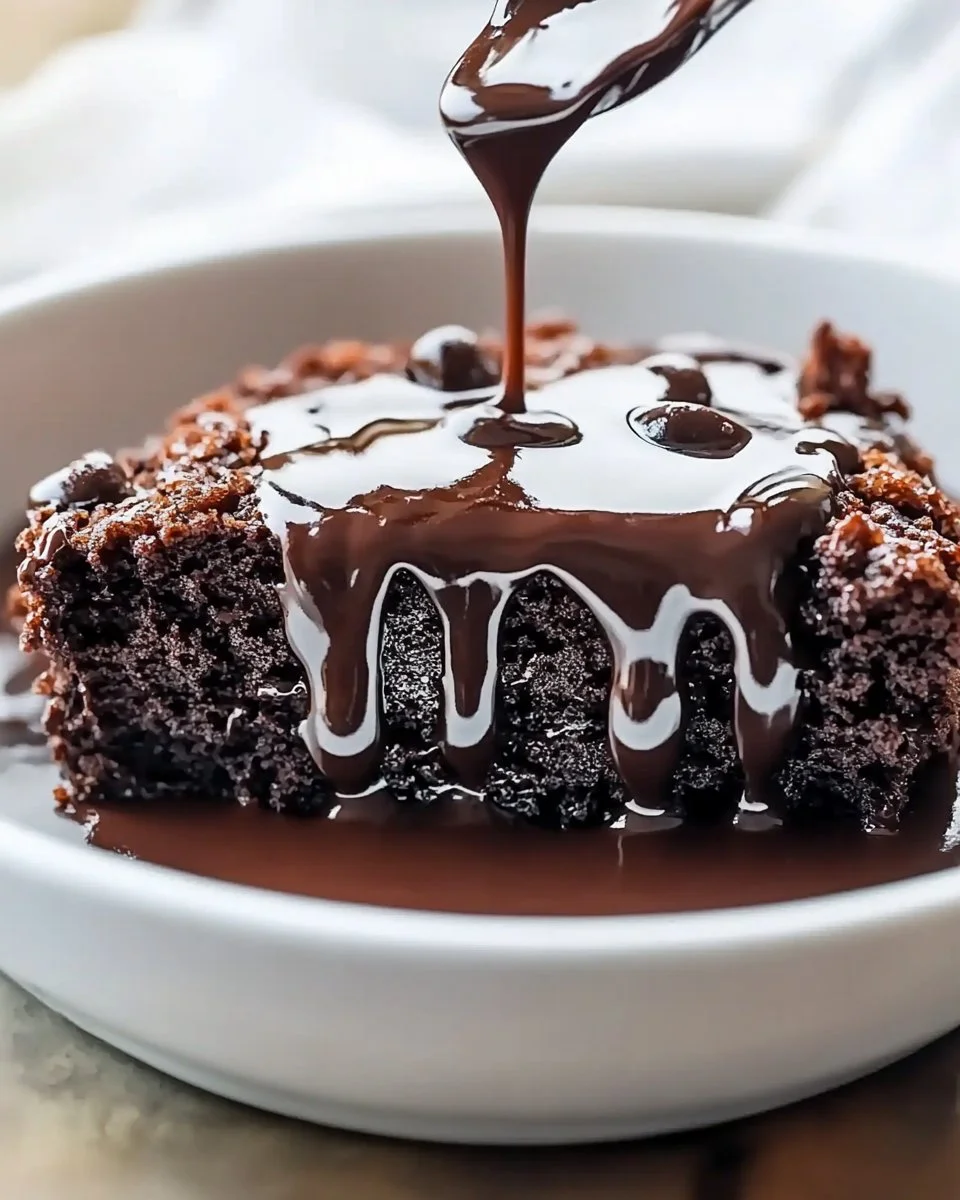 A delicious Hot Fudge Chocolate Pudding Cake topped with rich chocolate sauce.