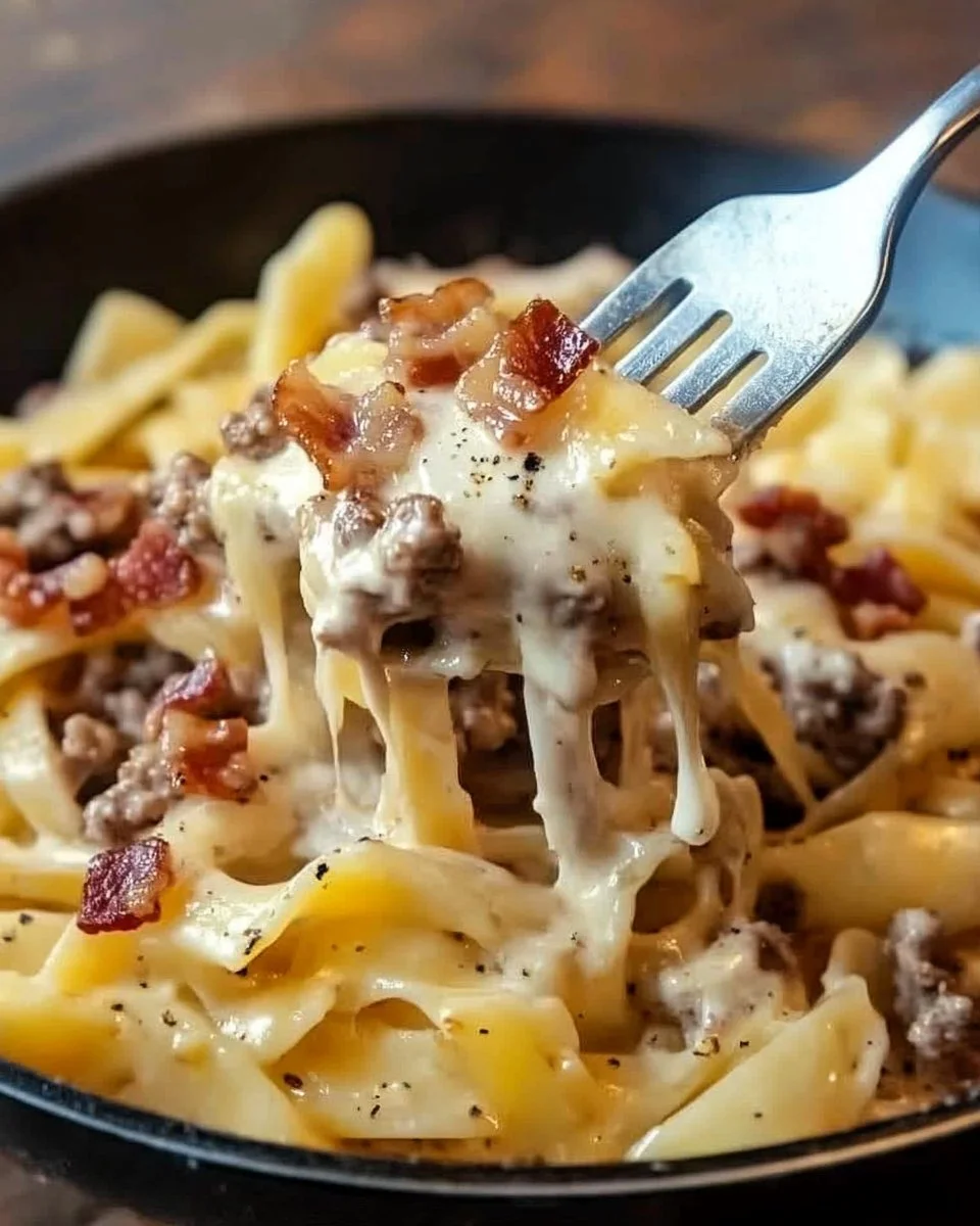Loaded Bacon Cheeseburger Alfredo Pasta topped with crispy bacon and cheese