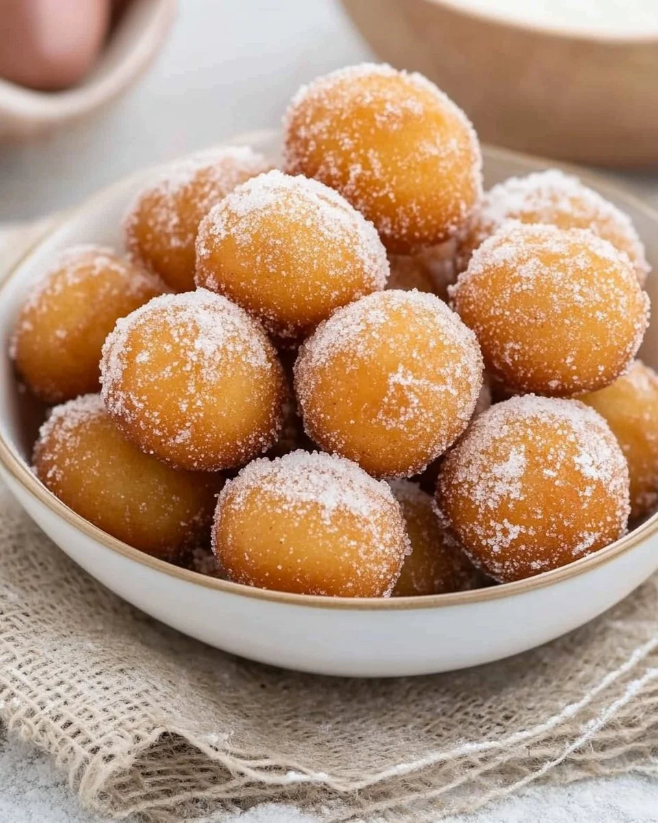 Delicious mini donut bites served on a plate with powdered sugar