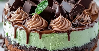 Mint Chocolate Fudge Cheesecake Cake topped with mint and chocolate shavings