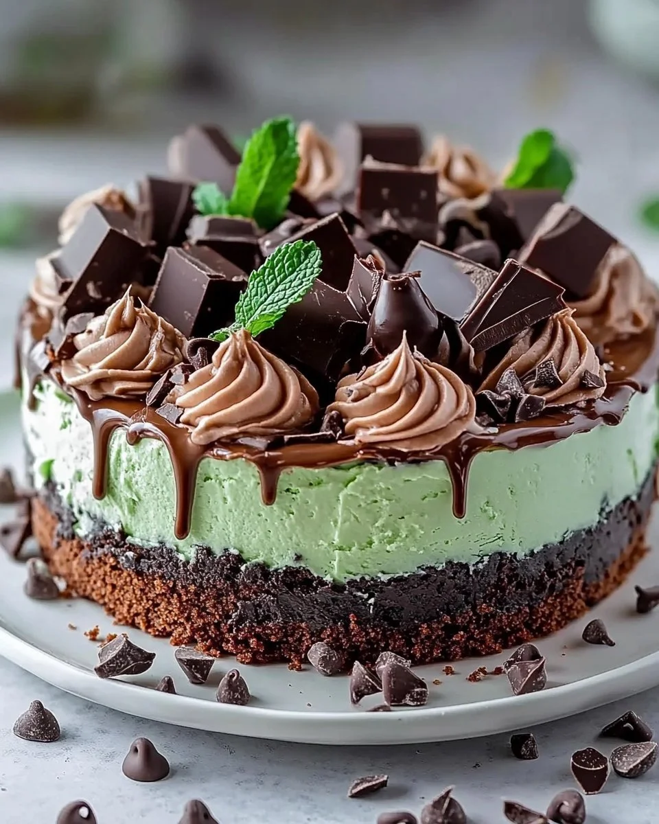 Mint Chocolate Fudge Cheesecake Cake topped with mint and chocolate shavings