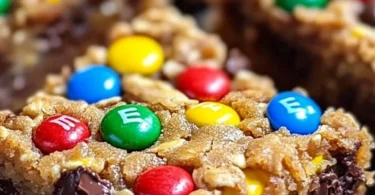 Delicious homemade Monster Cookie Bars with oats, chocolate chips, and M&Ms