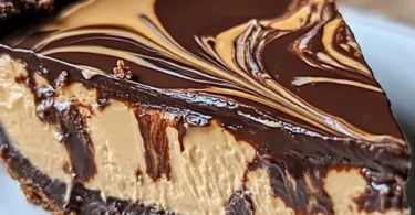 No-Bake Chocolate Peanut Butter Swirl Pie topped with chocolate and peanut butter