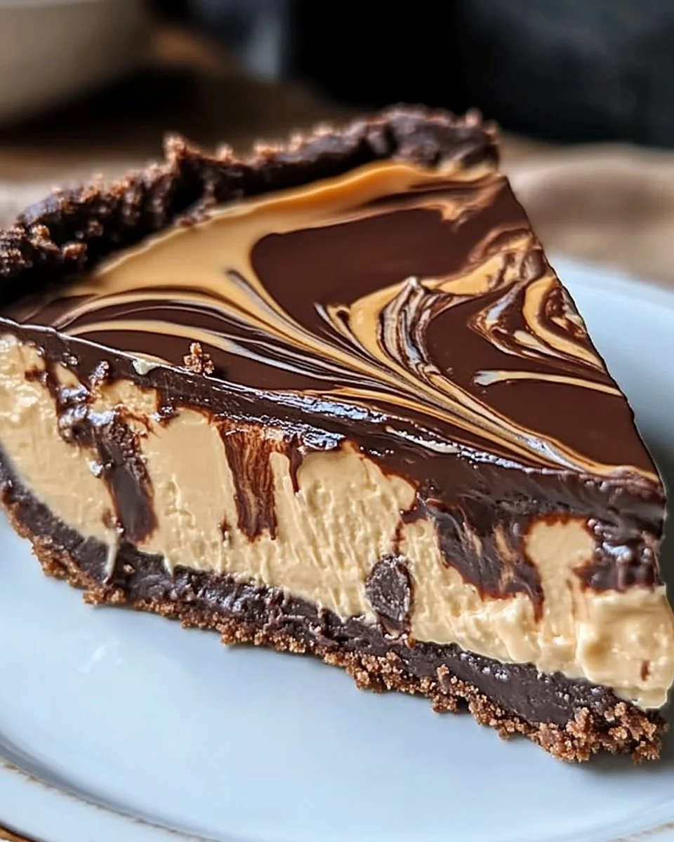 No-Bake Chocolate Peanut Butter Swirl Pie topped with chocolate and peanut butter