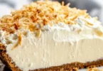 Delicious no bake coconut cream pie topped with whipped cream and coconut flakes.