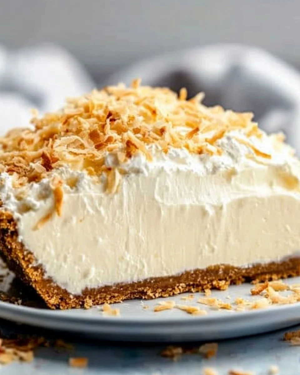 Delicious no bake coconut cream pie topped with whipped cream and coconut flakes.