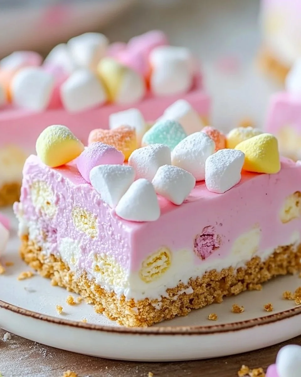 Delicious no-bake marshmallow slice with layers of marshmallows and chocolate.