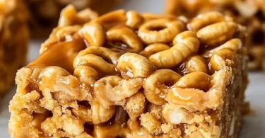No bake peanut butter Cheerio bars in a bowl