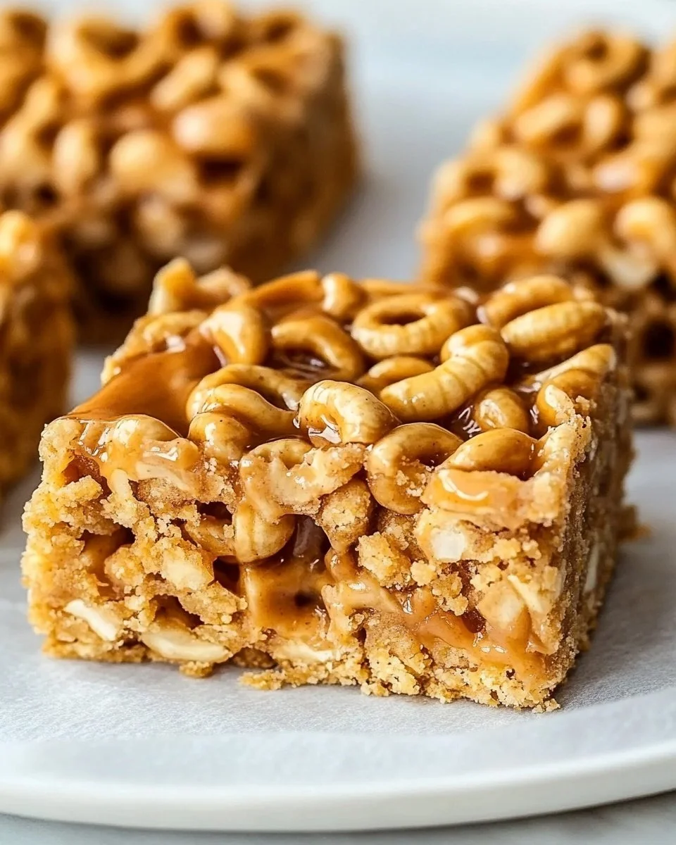 No bake peanut butter Cheerio bars in a bowl