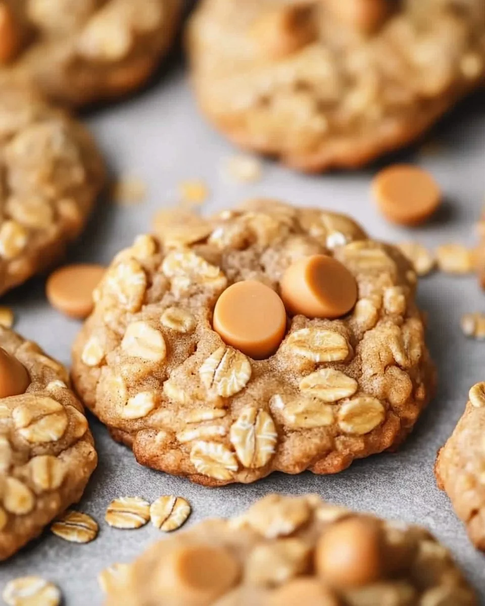 Freshly baked oatmeal butterscotch cookies on a cooling rack