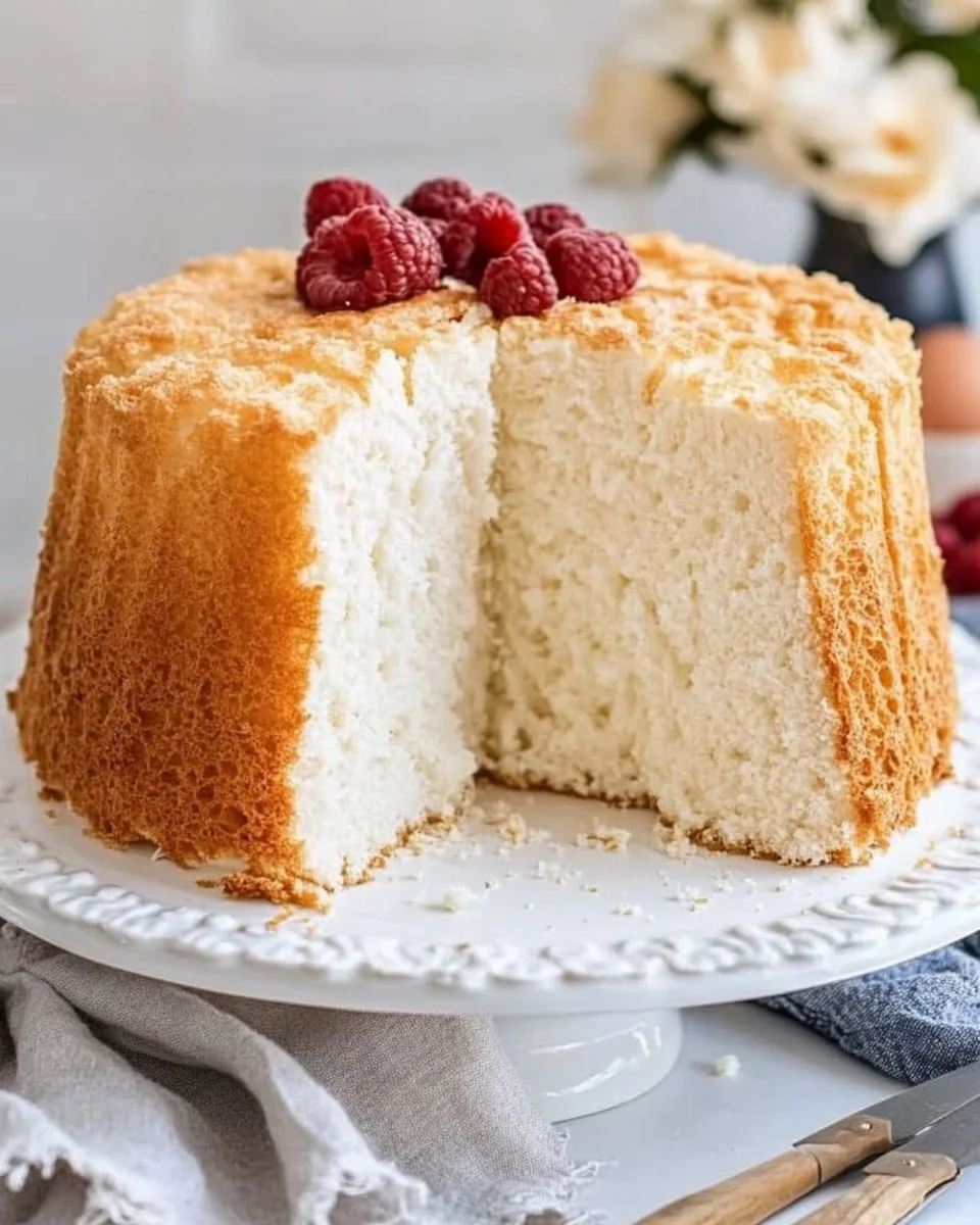 Old fashioned Angel Food Cake topped with fresh strawberries and whipped cream