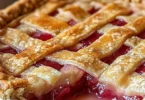 A slice of old-fashioned rhubarb pie on a plate with a fork