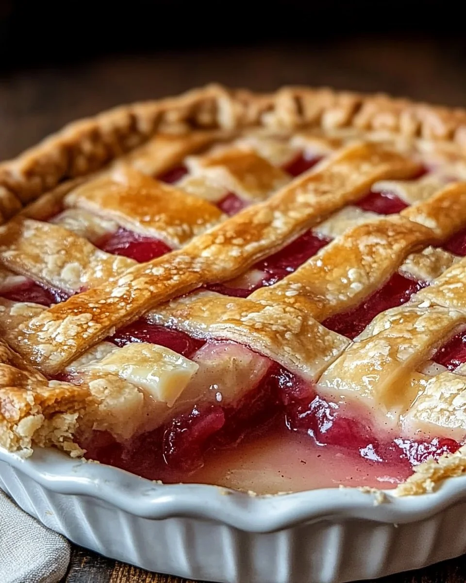 A slice of old-fashioned rhubarb pie on a plate with a fork