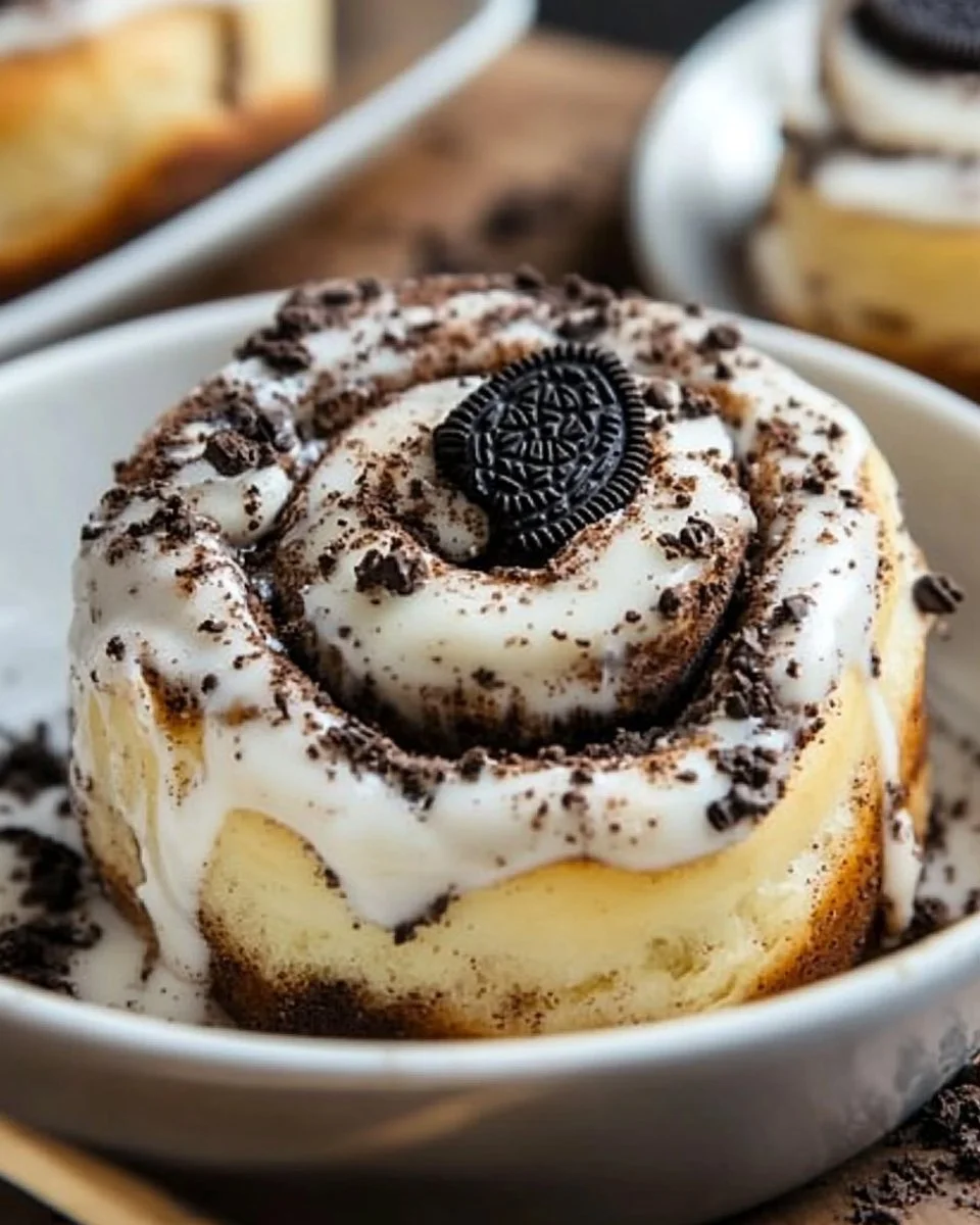 Delicious homemade Oreo Cinnamon Rolls topped with cream and crushed Oreos