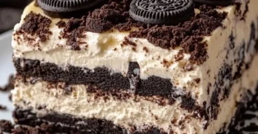 Delicious OREO LASAGNA dessert with layers of creamy filling and OREOs.