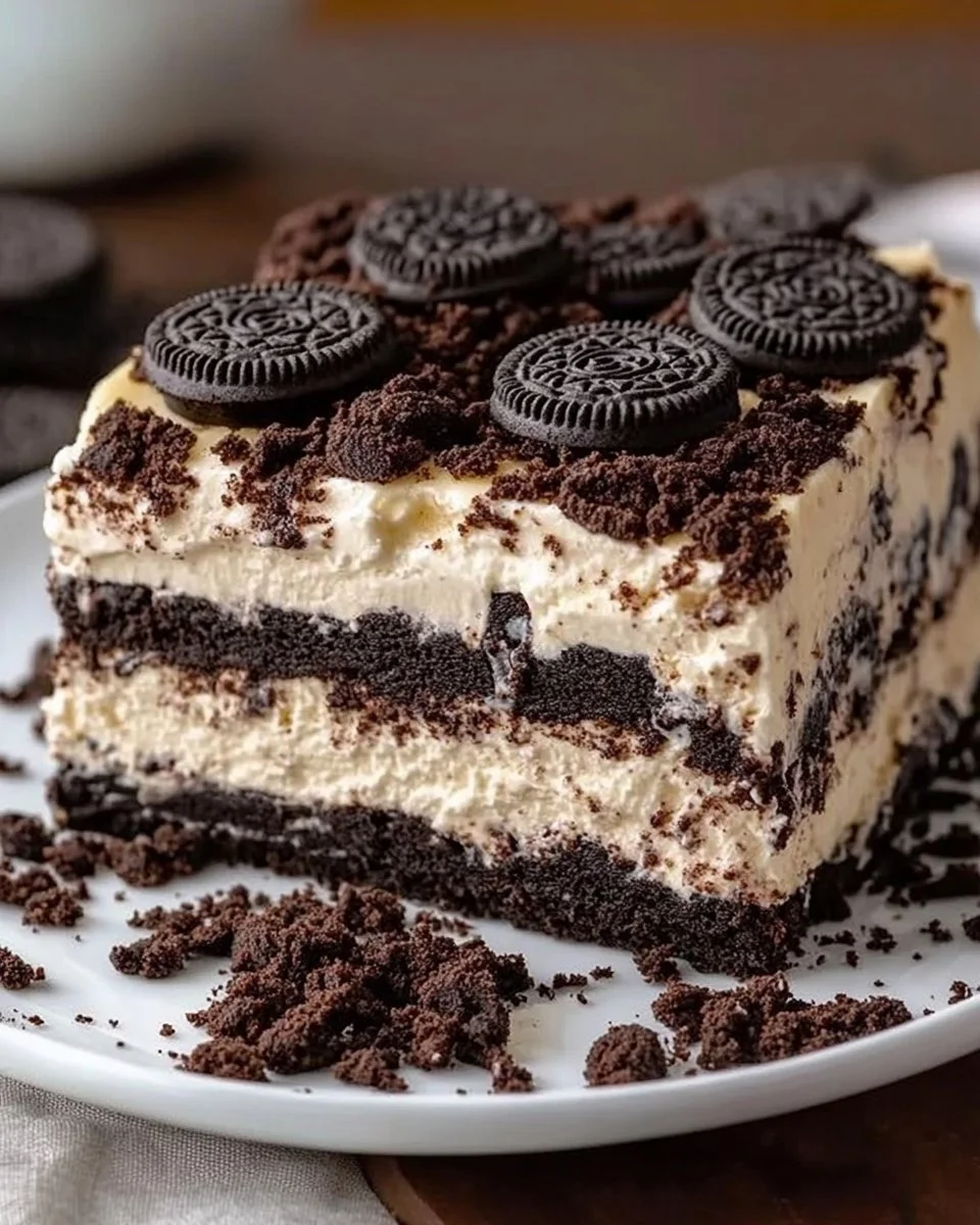 Delicious OREO LASAGNA dessert with layers of creamy filling and OREOs.