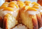 Delicious Peach Cobbler Pound Cake with fresh peaches and a golden crust