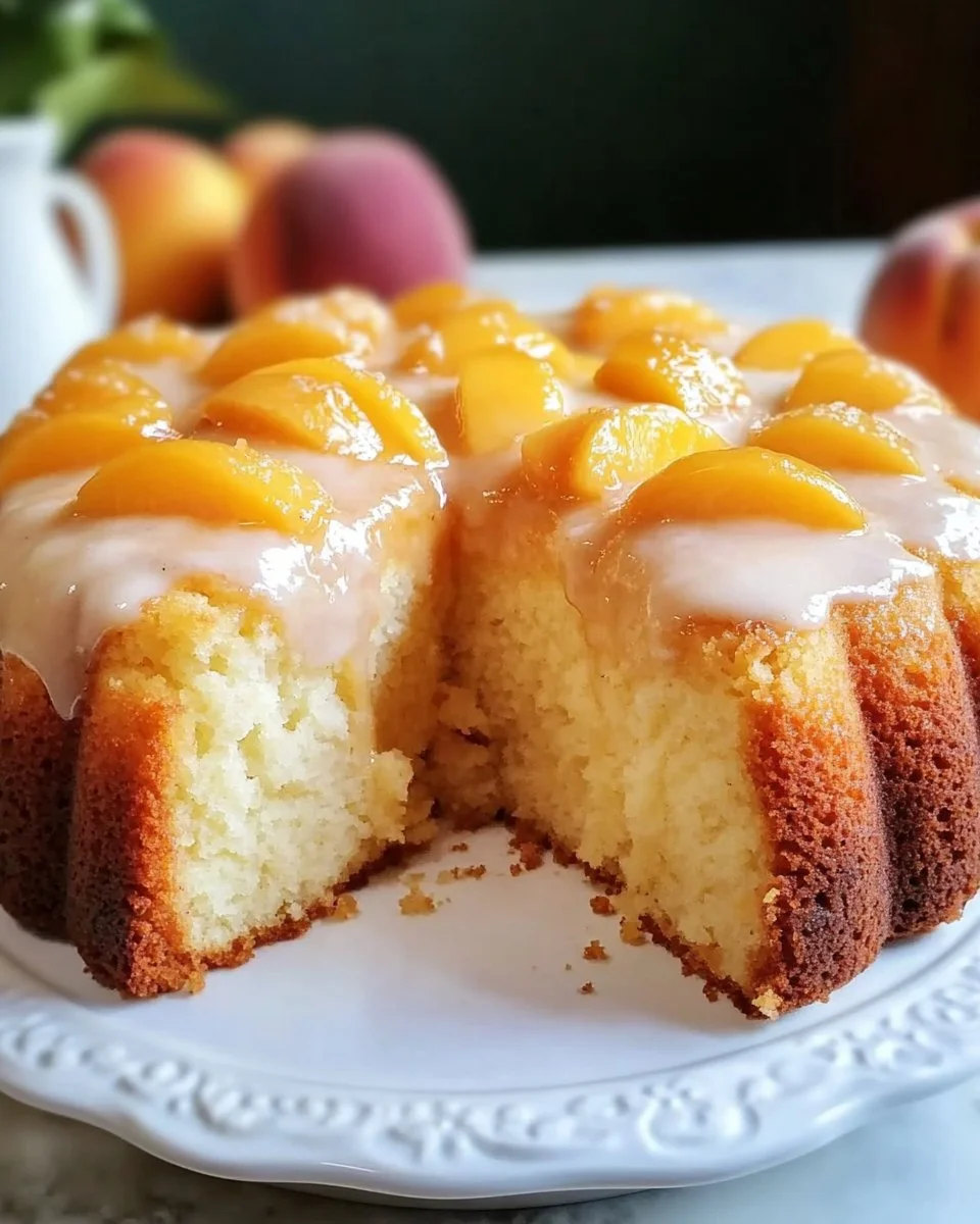Delicious Peach Cobbler Pound Cake with fresh peaches and a golden crust