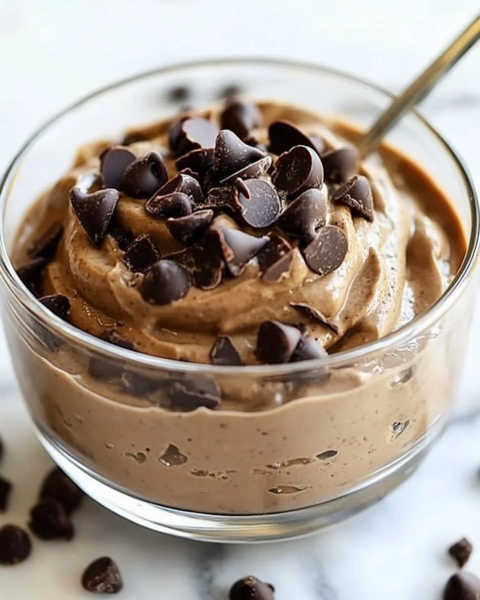 Delicious Peanut Butter Cup Protein Mousse topped with chocolate and peanuts