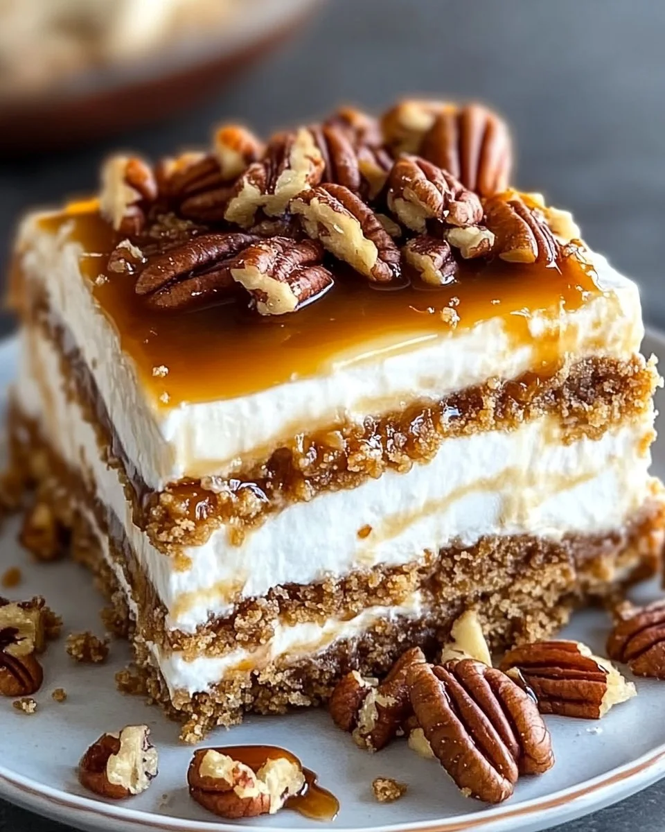 Delicious pecan pie lasagna with layers of creamy filling and pecans