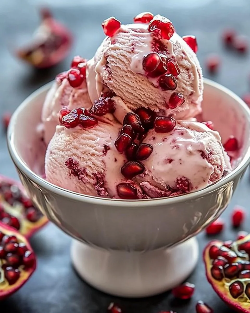 Delicious bowl of pomegranate ice cream garnished with fresh pomegranate seeds