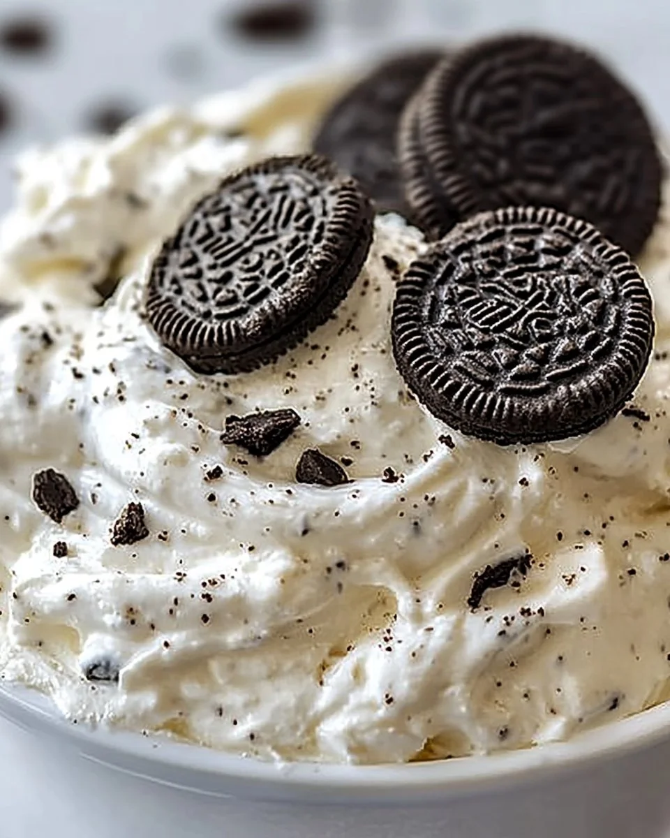 A bowl of Protein Oreo Fluff Dessert topped with crushed Oreos and whipped cream.