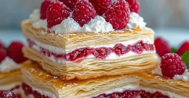 Delicious Raspberry Cream Napoleons layered with raspberry cream and puff pastry