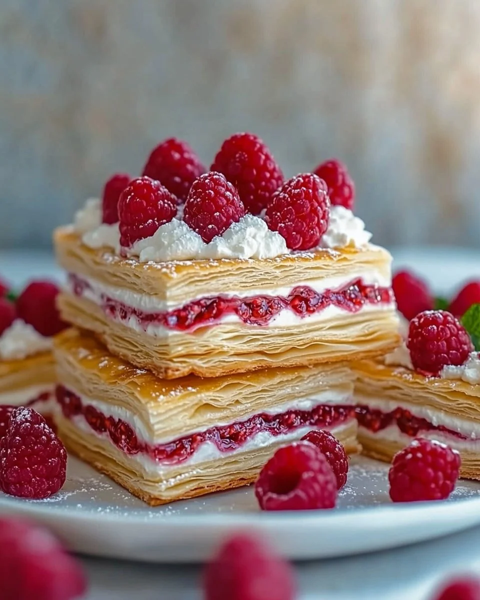 Delicious Raspberry Cream Napoleons layered with raspberry cream and puff pastry