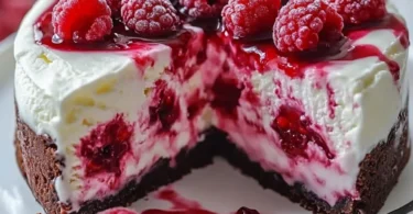 Delicious Raspberry Swirl Ice Cream Cake with creamy texture and swirls of raspberry