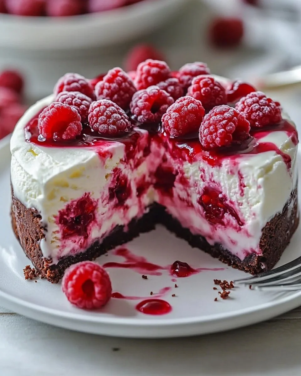 Delicious Raspberry Swirl Ice Cream Cake with creamy texture and swirls of raspberry