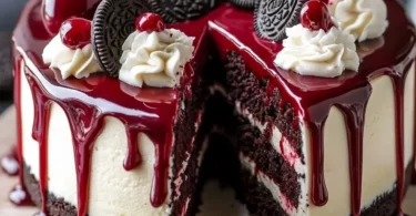 Red Velvet Cheesecake Drip Cake with cream cheese frosting and red velvet layers