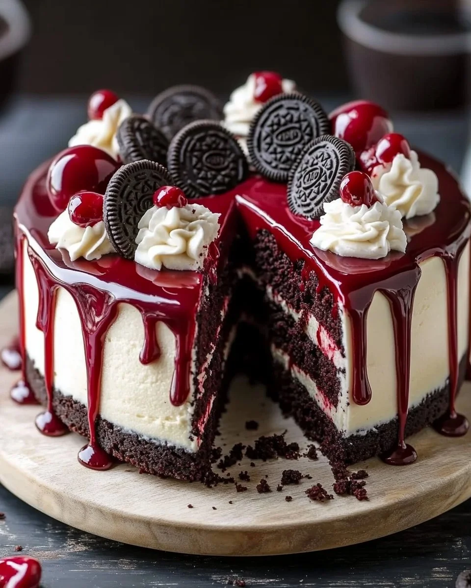 Red Velvet Cheesecake Drip Cake with cream cheese frosting and red velvet layers