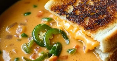 Bowl of Spicy Jalapeño Popper Soup with Grilled Cheese Dippers on the side