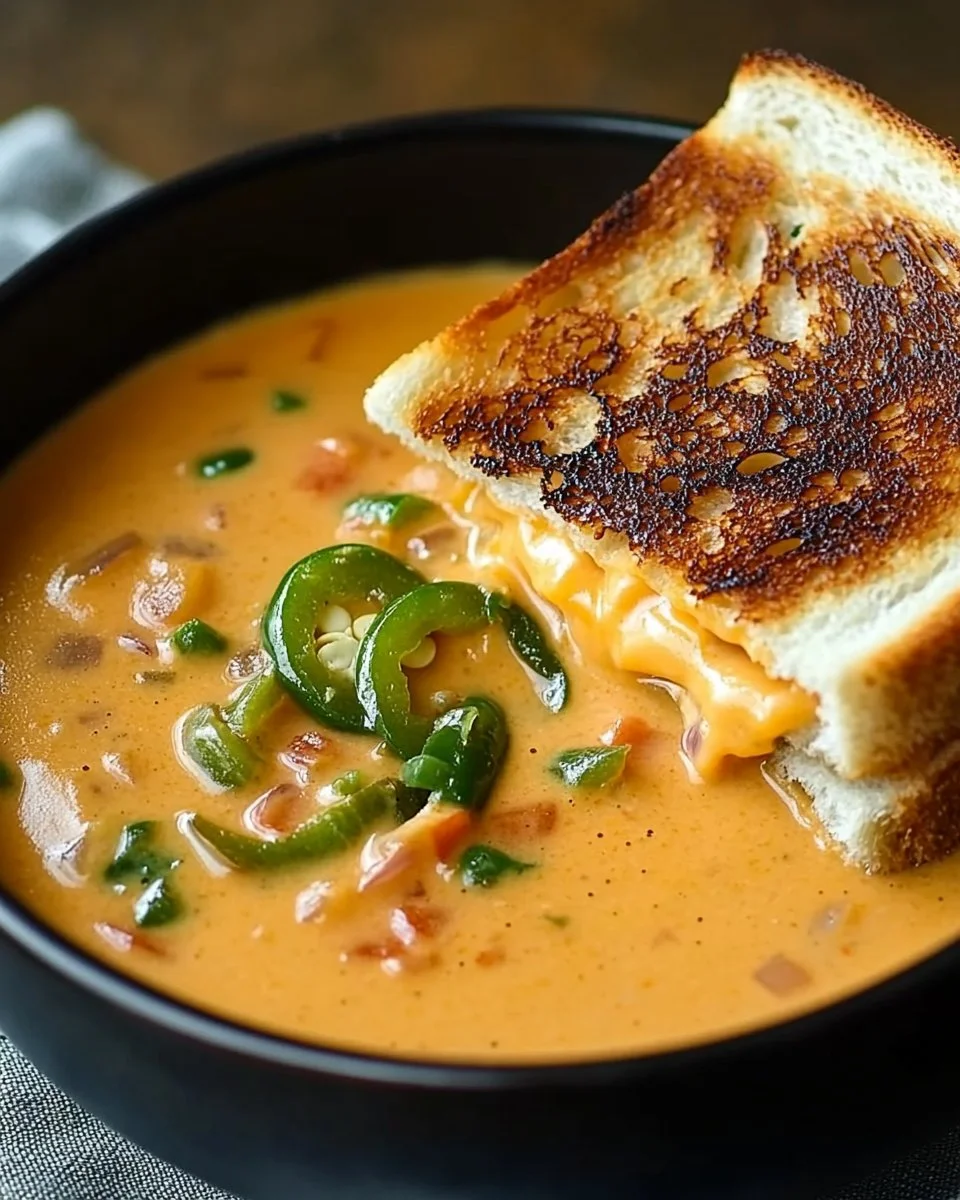Bowl of Spicy Jalapeño Popper Soup with Grilled Cheese Dippers on the side