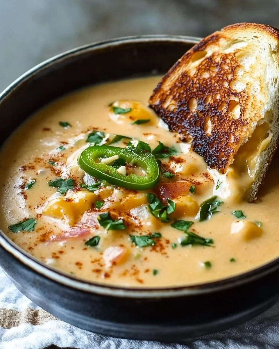 Spicy Jalapeño Popper Soup with Grilled Cheese Dippers