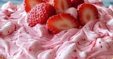 Delicious Strawberry Icebox Pie topped with fresh strawberries.