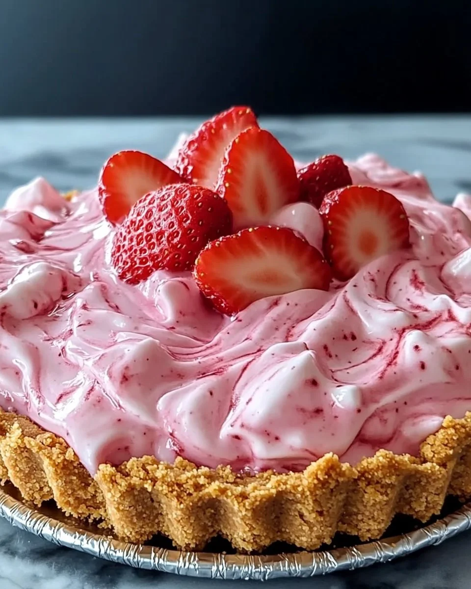 Delicious Strawberry Icebox Pie topped with fresh strawberries.