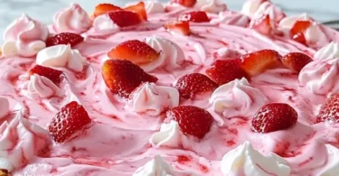 Slice of delicious Strawberry Icebox Pie with fresh strawberries