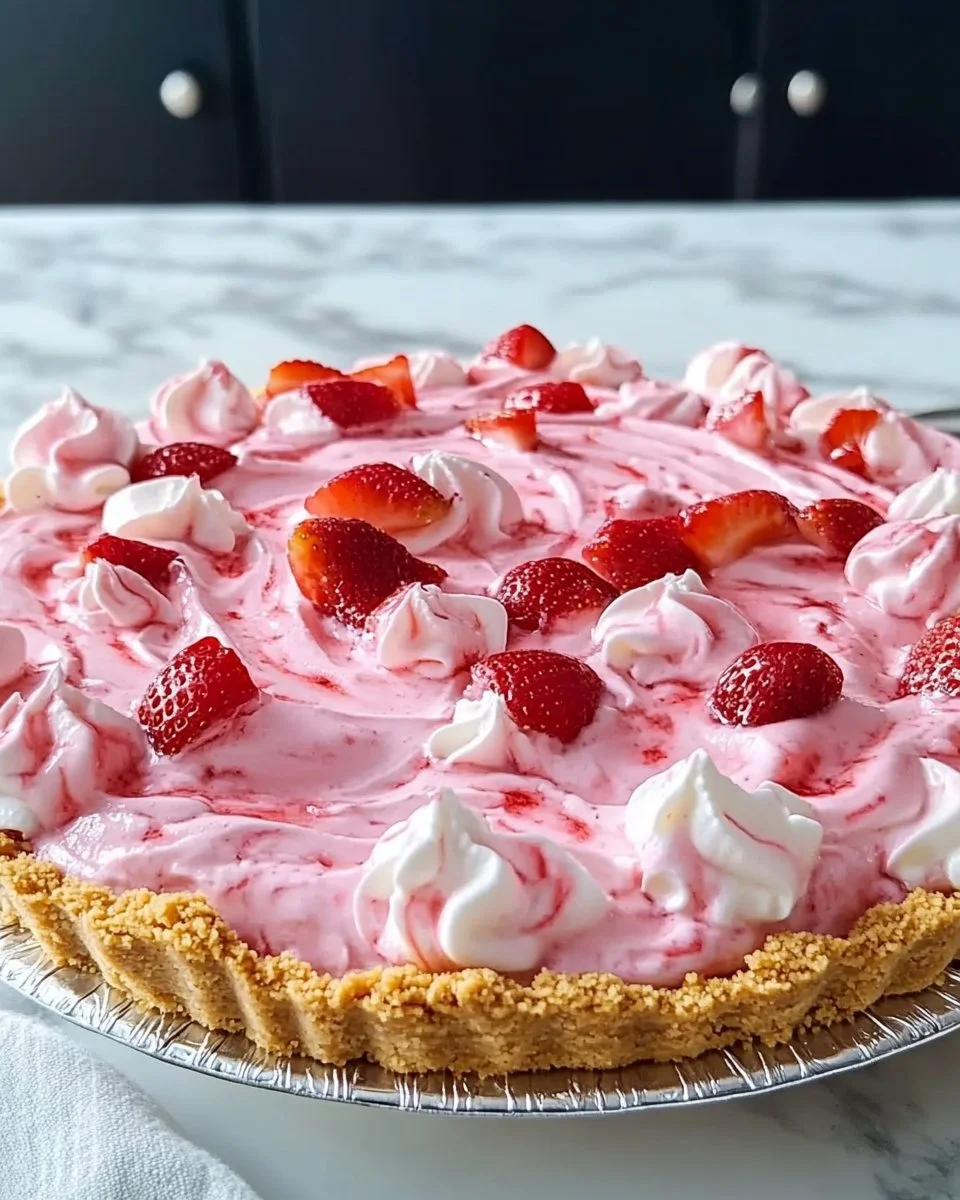 Slice of delicious Strawberry Icebox Pie with fresh strawberries
