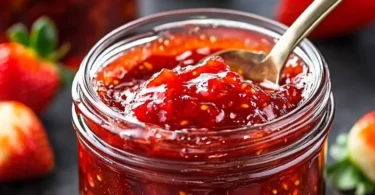 Jar of sweet heat strawberry jalapeño jam with fresh strawberries and jalapeños.