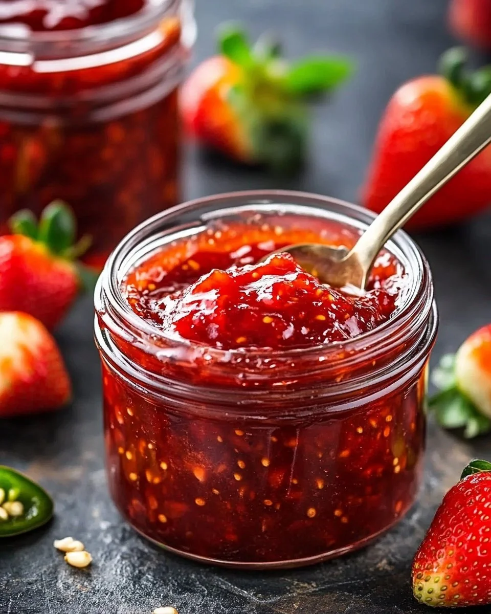Jar of sweet heat strawberry jalapeño jam with fresh strawberries and jalapeños.