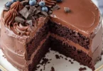 Ultimate chocolate cake with rich frosting and garnished with chocolate shavings